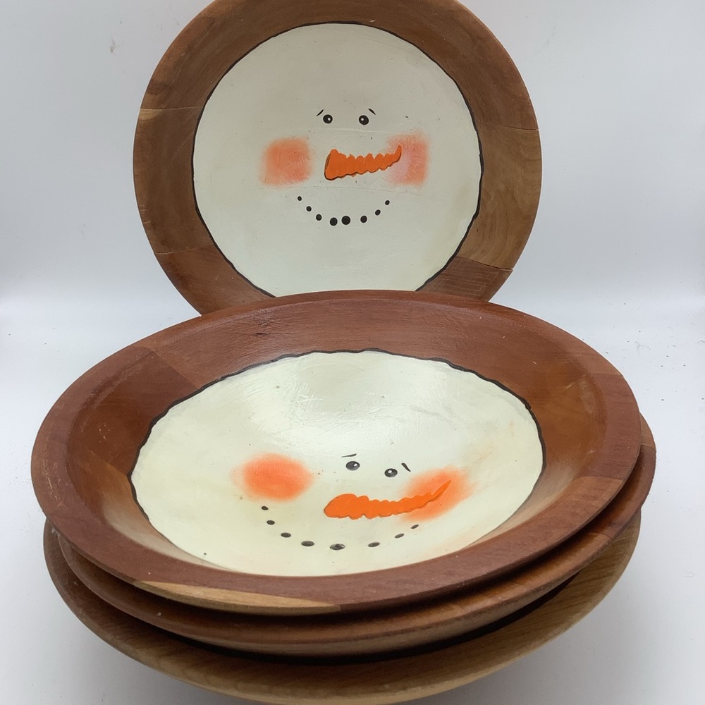 Set of Four Snowman Design Wooden Bowls